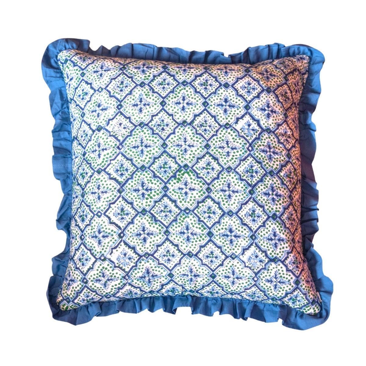 OGEE Blue Blockprint Ruffle Cushion