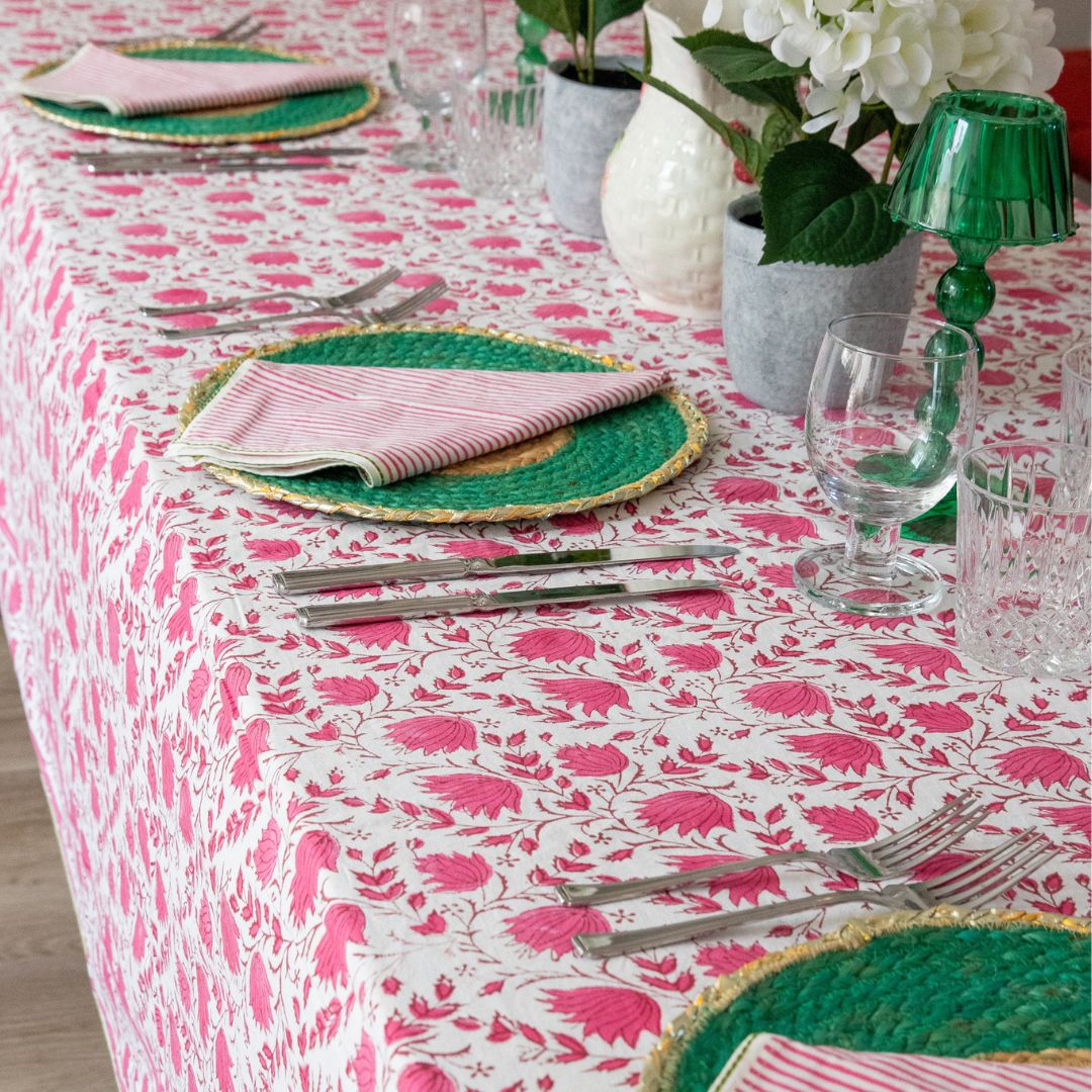 PETAL Raspberry Blockprint Tablecloth