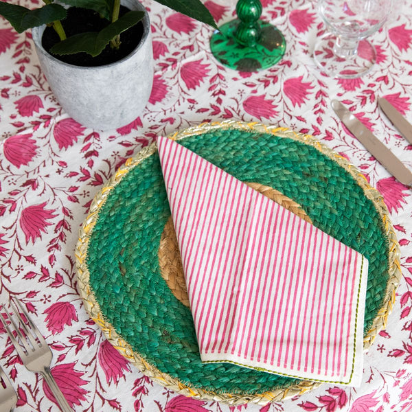 Faro napkins, RASPBERRY Striped Blockprint Napkins, Set of four