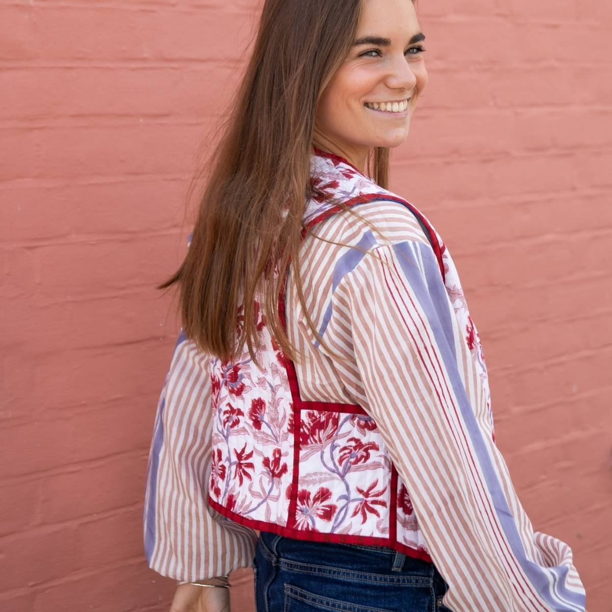 quilted cotton gilet, women's cotton gilet, block print gilet, floral quilted waistcoat, artisan cotton clothing, handmade cotton gilet, lightweight quilted vest