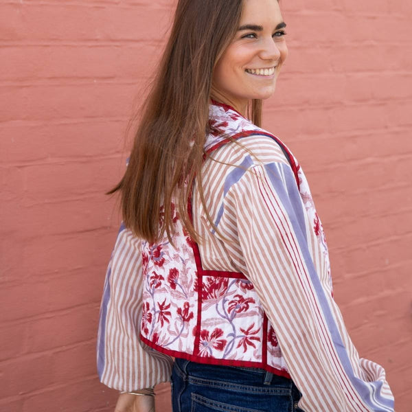 quilted cotton gilet, women's cotton gilet, block print gilet, floral quilted waistcoat, artisan cotton clothing, handmade cotton gilet, lightweight quilted vest