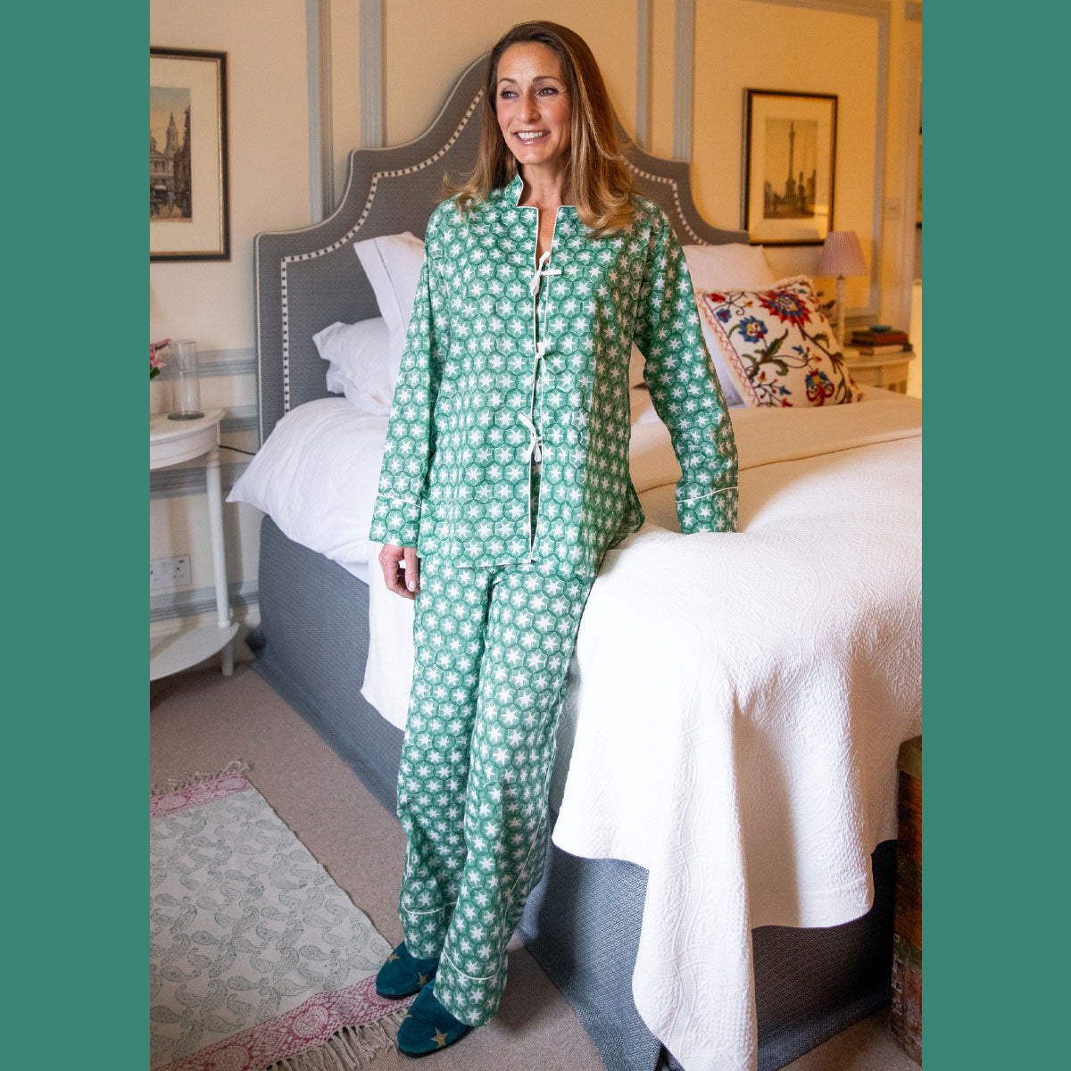 SITARA Green Blockprint Long Cotton Pyjamas