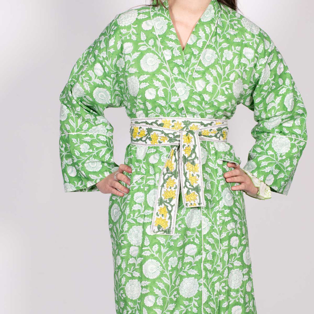 ZINAT GREEN Blockprint Long Dressing Gown