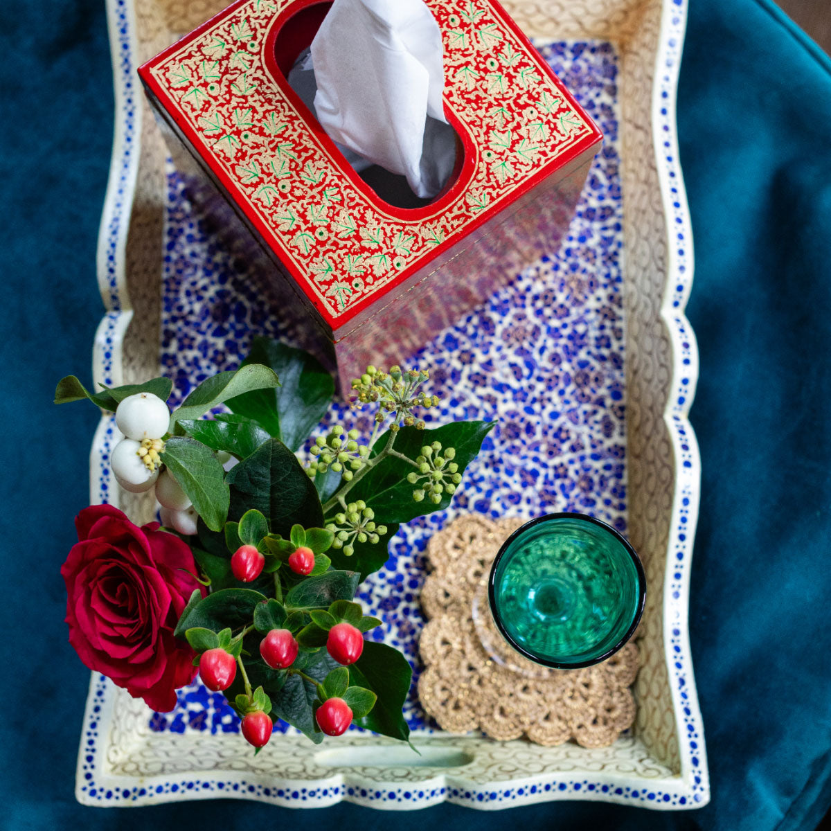 NILUFER Lapis & Gold Floral Papier Mache Tray