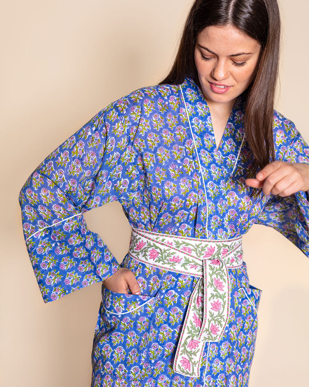 Beau Olive Green Bhuti Block Print Robe With Pockets - World Market