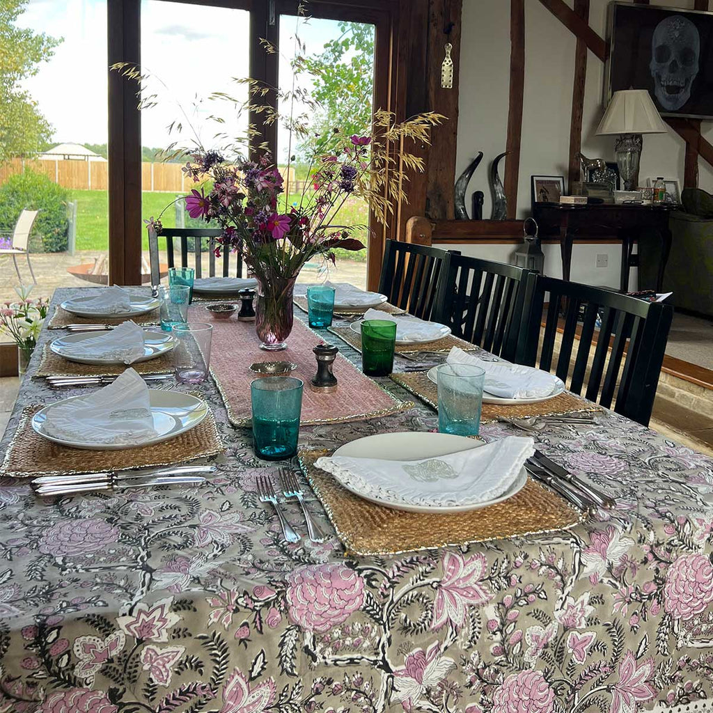 Block print table linen, block print tablecloths, tablecloths, jaipur tablecloths, floral prints tablecloth, faro tablecloth, faro home tablecloth