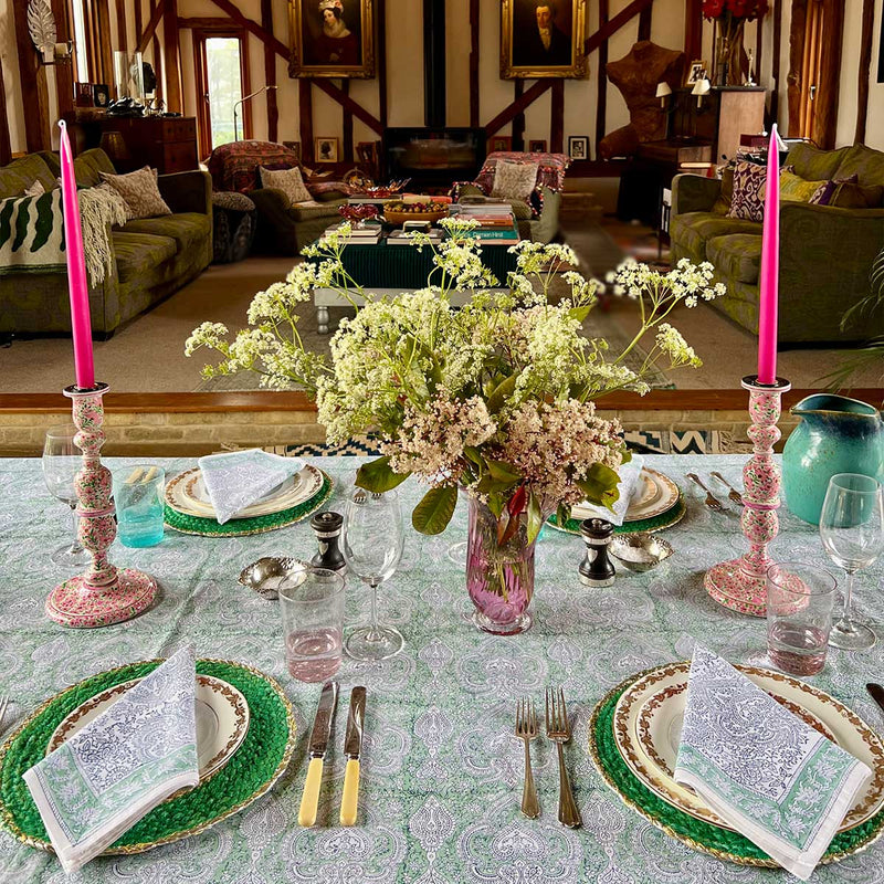 tablecloths, block print tablelinen, printed tablecloths, spring table linens, spring tablecloths, faro tablecloths