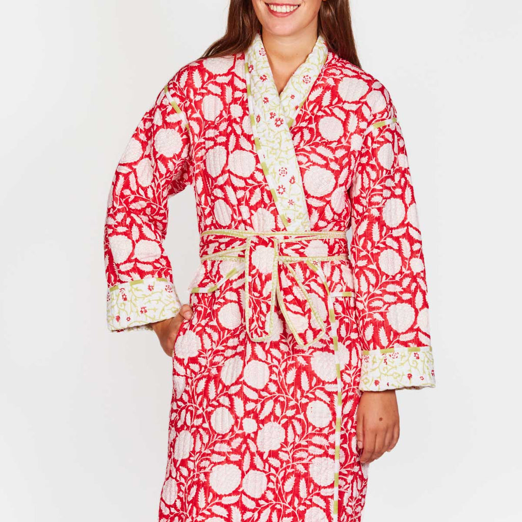 Luxury Quilted Long Robe Floral Print/ Hand Block Print Winter Kimono Dressing Gown,Warm Loungewear, quilted dressing gowns, winter dressing gowns, winter robes