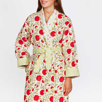Luxury Quilted Long Robe Floral Print/ Hand Block Print Winter Kimono Dressing Gown,Warm Loungewear, quilted dressing gowns, winter dressing gowns, winter robes