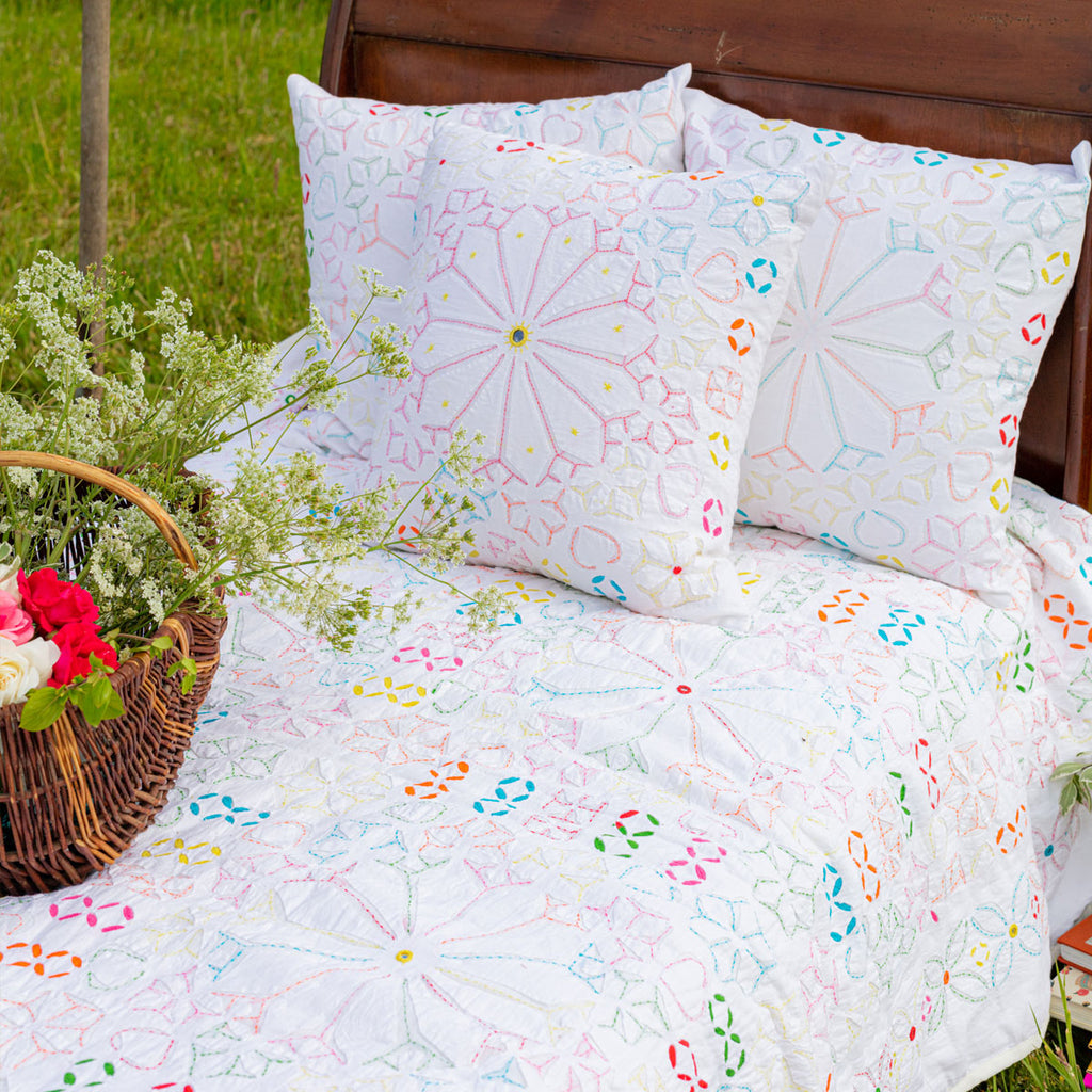 embroidered bedspreads, bed throws, applique quilt, hand embroidered quilt, white bed linen, embroidered bed linen