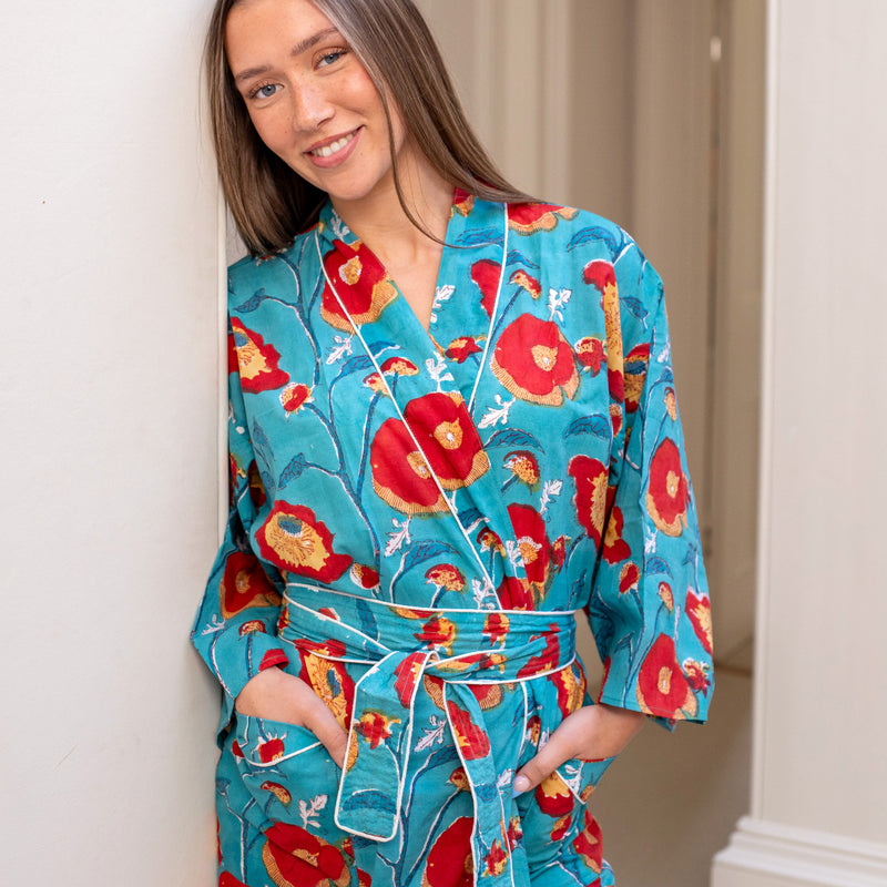 Cotton dressing gowns, summer dressing gowns, blockprint dressing gowns, summer kimonos, block print kimonos, blockprint kimonos, beach wraps