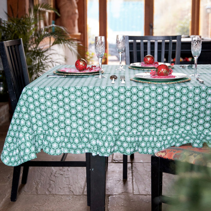 Christmas Table Linens, Christmas Tablecloths, , Indian block print table cloths UK, faro Tablecloth, Green Table cloths, Block Print Tablecloths