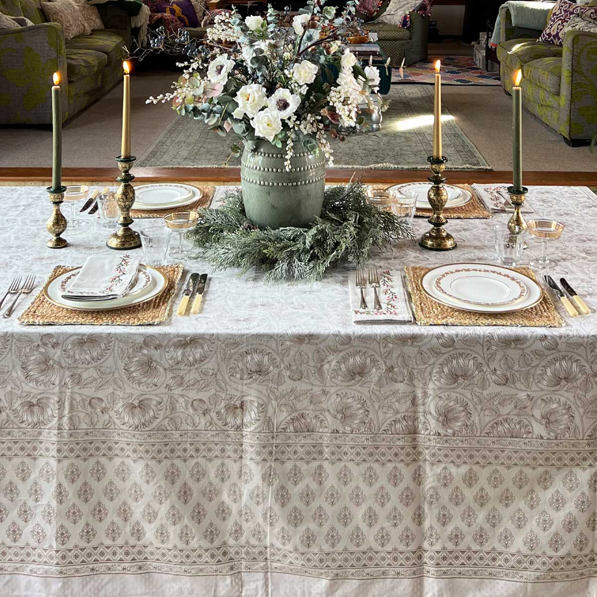 WHITE LOTUS Jaal Blockprint Tablecloth