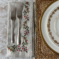 HOLLY BERRIES Embroidered Linen Napkins