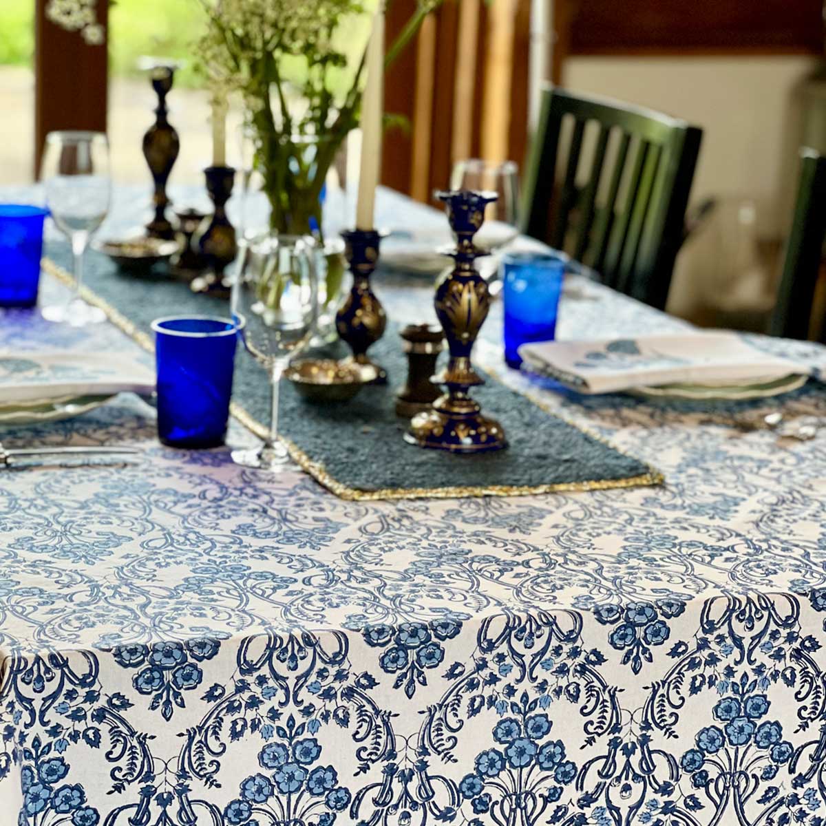 NILAYA Blue Blockprint Tablecloth