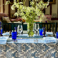 summer table linen, cotton tablecloths, blue and white tablecloths, block printed tablecloths, blockprint tablecloths, faro tablecloths