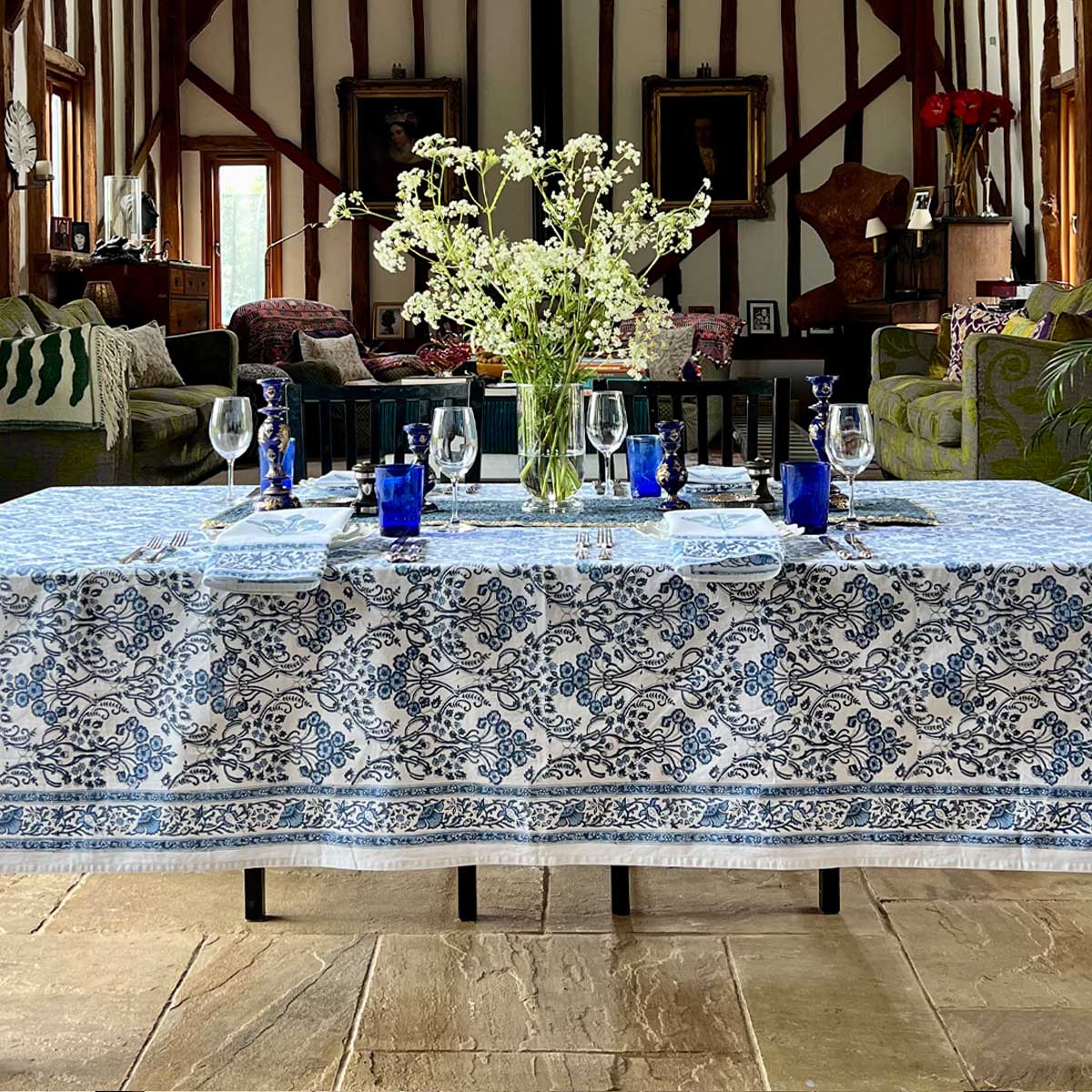 NILAYA Blue Blockprint Tablecloth