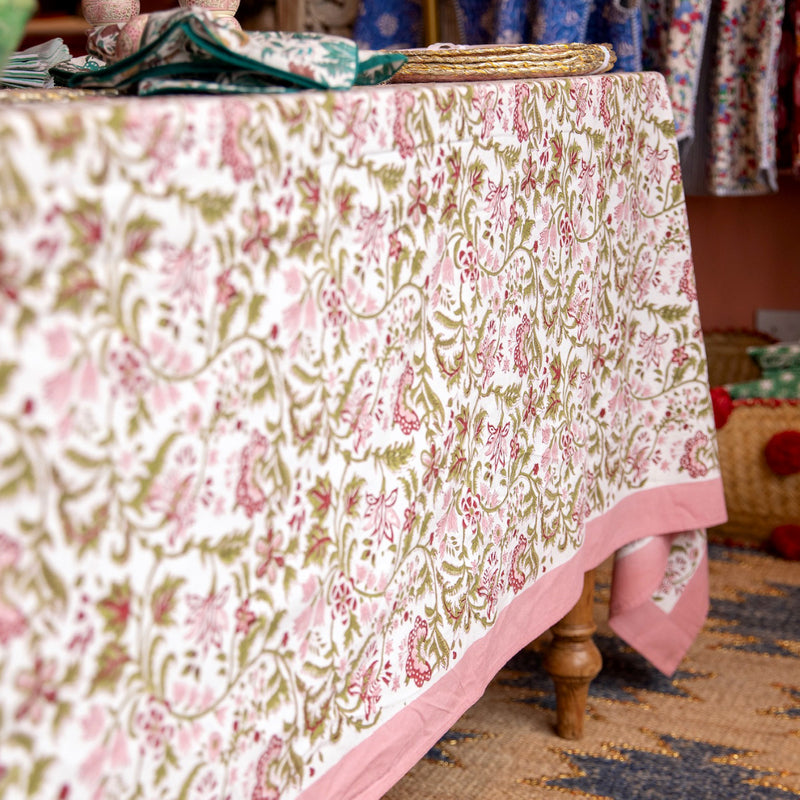 pink tablecloths, block print table linen, printed tablecloths, autumn table linens, cotton tablecloths, faro tablecloths