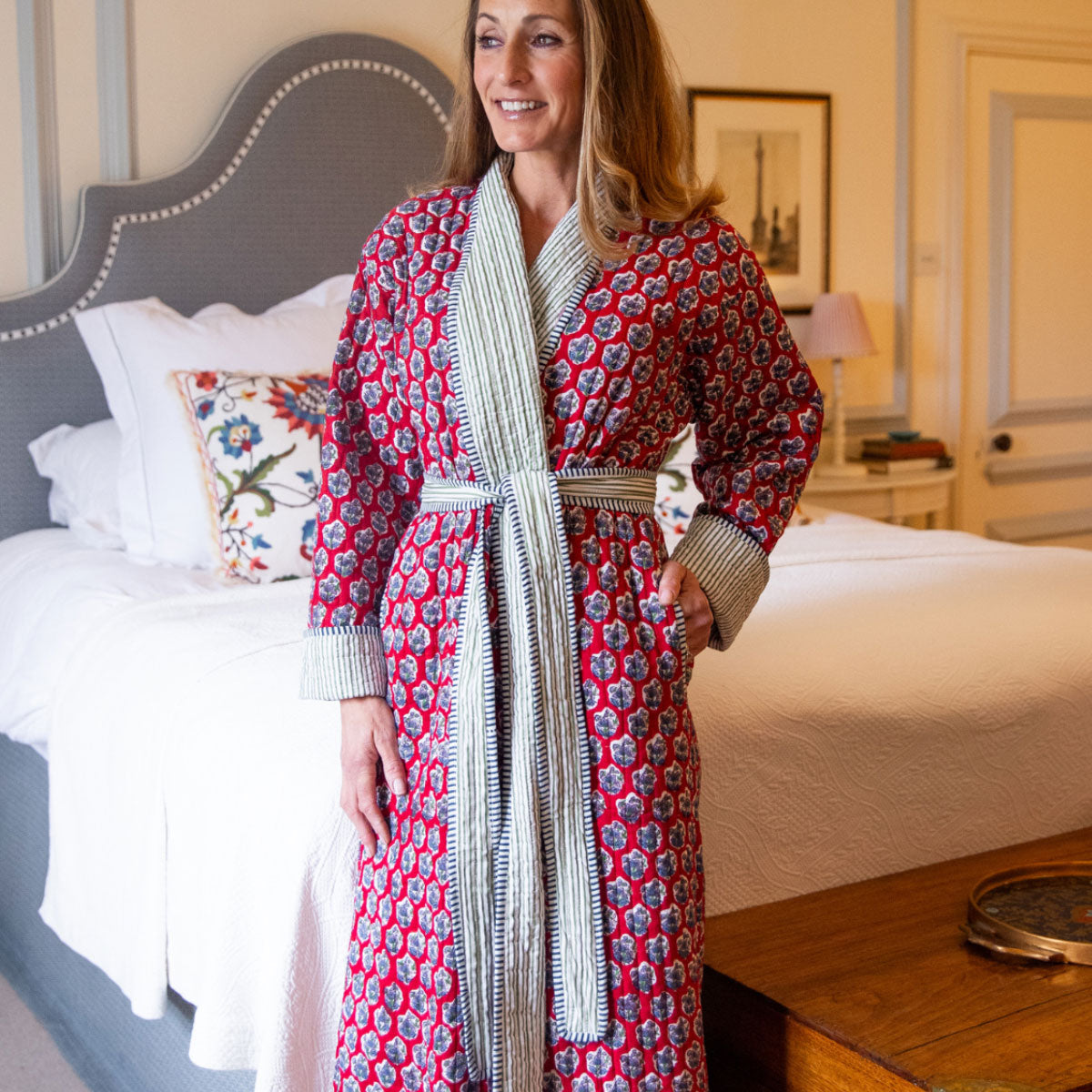 Luxury Quilted Long Robe Floral Print/ Hand Block Print Winter Kimono Dressing Gown, Warm Loungewear, quilted dressing gowns, winter dressing gowns, winter robes