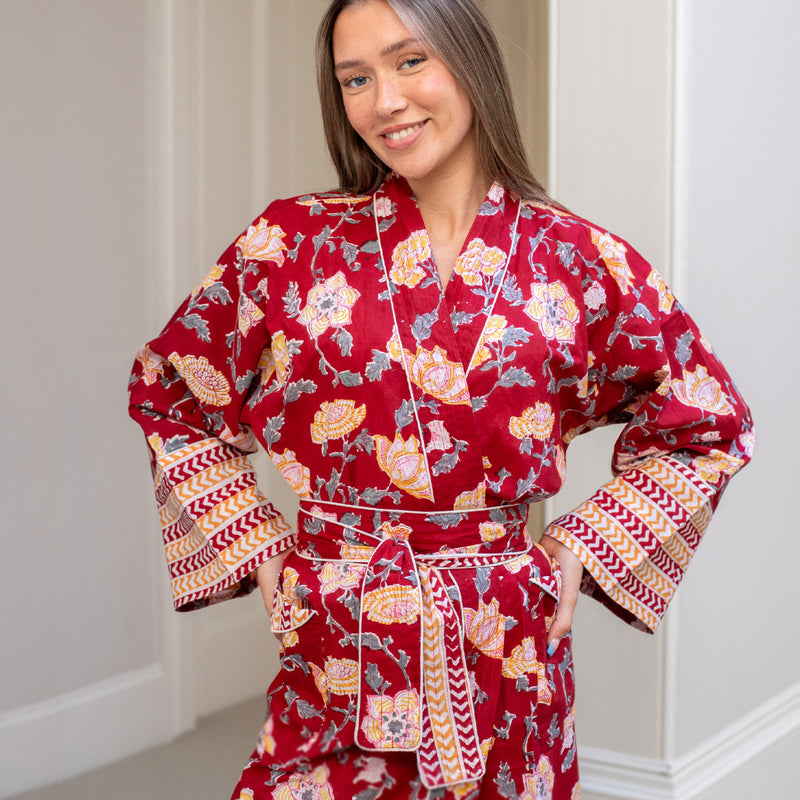 Cotton dressing gowns, summer dressing gowns, blockprint dressing gowns, summer kimonos, block print kimonos, blockprint kimonos, beach wraps