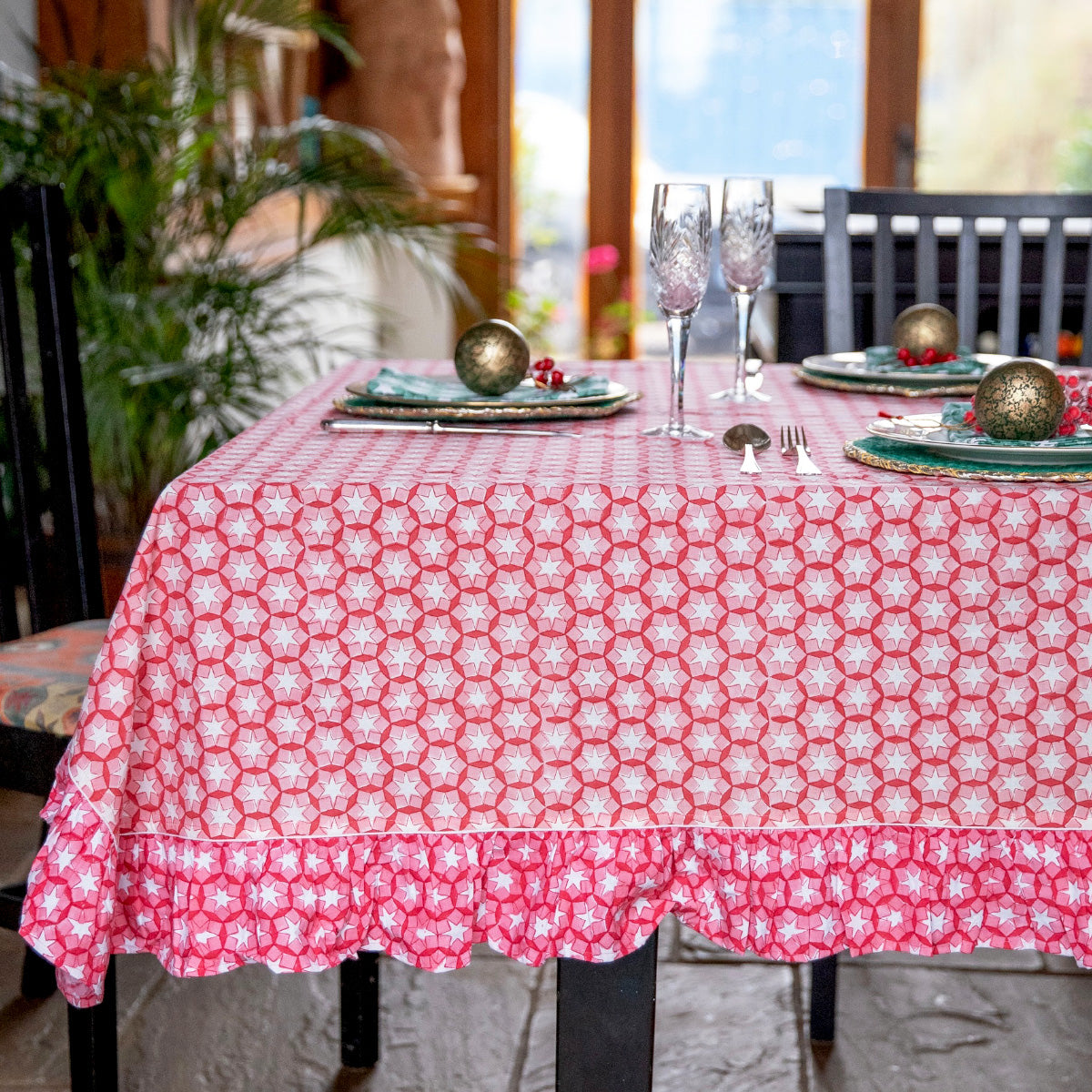 Christmas Table Linens, Christmas Tablecloths, , Indian block print table cloths UK, faro Tablecloth, Red Table cloths, Block Print Tablecloths