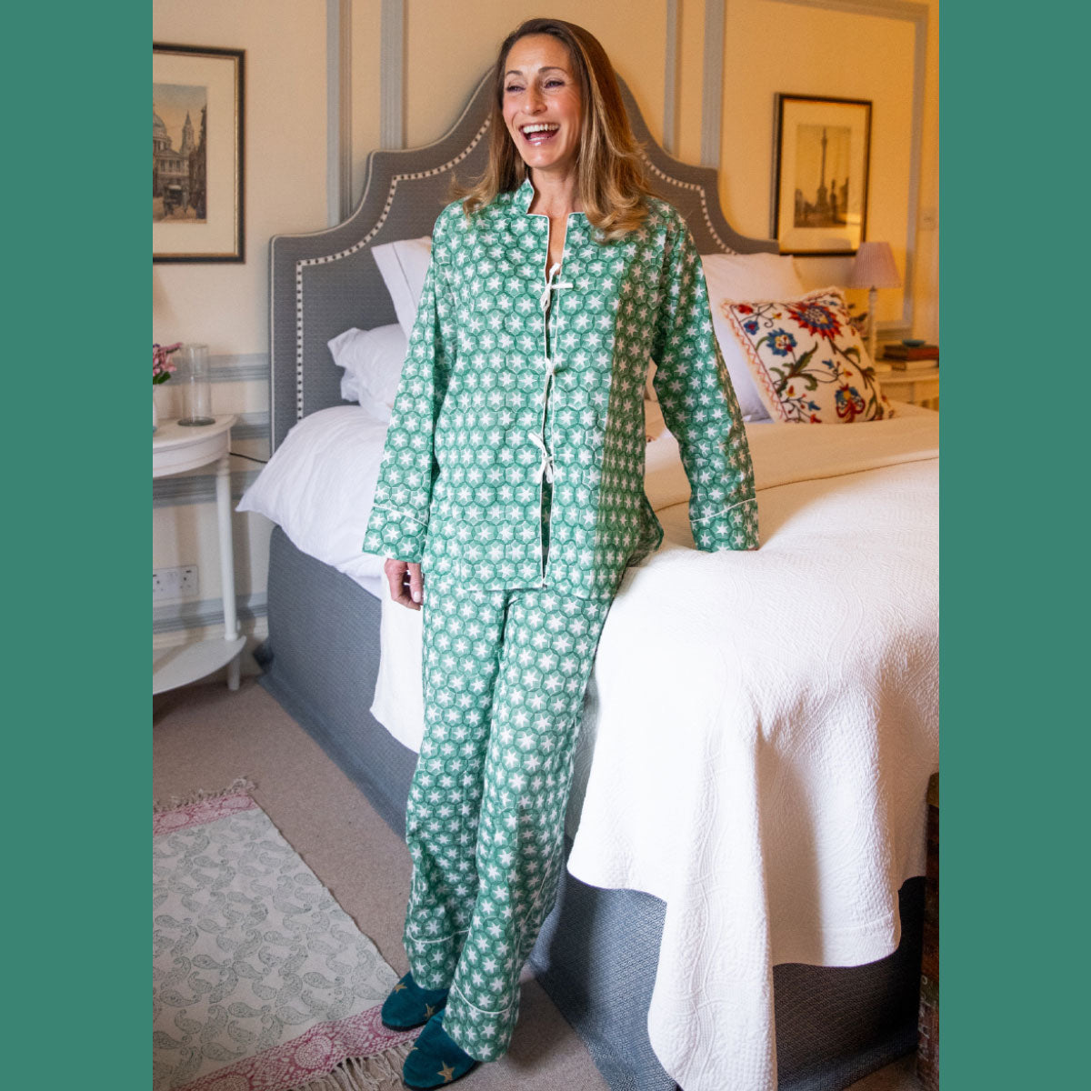 SITARA Green Blockprint Long Cotton Pyjamas