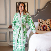 Luxury Quilted Long Robe Floral Print/ Hand Block Print Winter Kimono Dressing Gown, Warm Loungewear, quilted dressing gowns, winter dressing gowns, winter robes