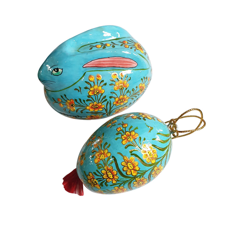 easter eggs, papier mache eggs, earster ornaments, hand painted easter baubles, easter bunnies, easter rabbits, easter decor