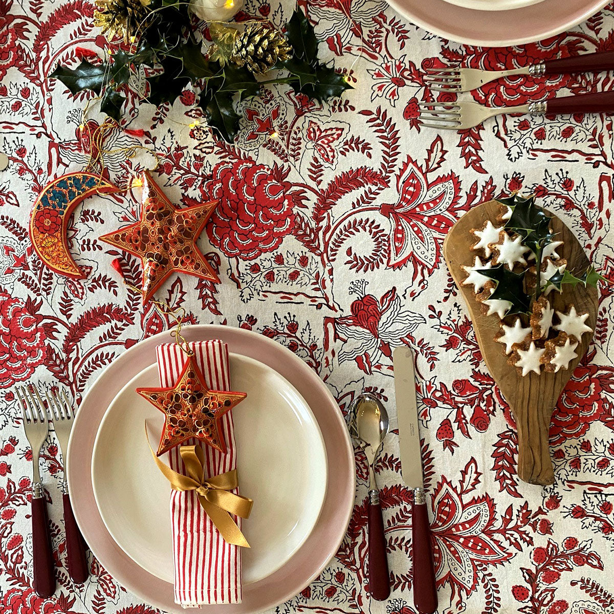 Raspberry Table Cloth, Strip Design Table Cover, Handmade Tablecloth, Kitchen Tablecloth, Red high quality Block Print Table Cloth, Housewarming Gift