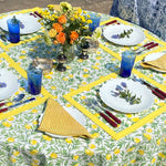 Block print table linen, block print tablecloths, tablecloths, jaipur tablecloths, round tablecloths, printed tablecloths, lemon 