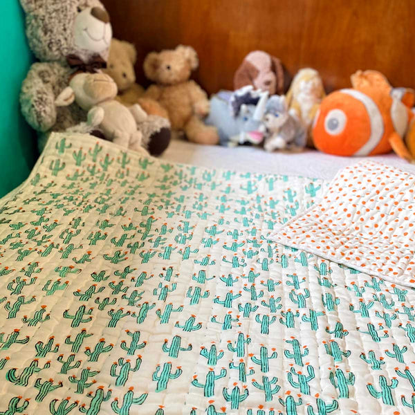 cot quilts, children's bedding, junior quilts, blockprint baby quilts, kantha baby quilts
