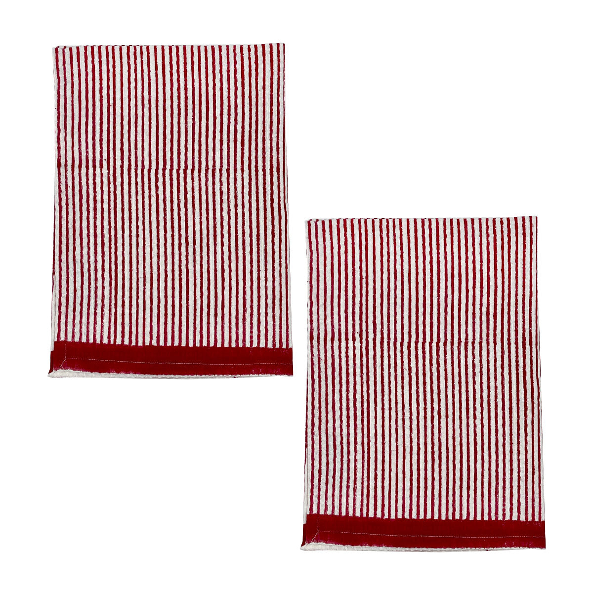 Two red and white striped cotton tea towels