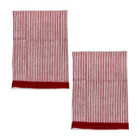 Two red and white striped cotton tea towels