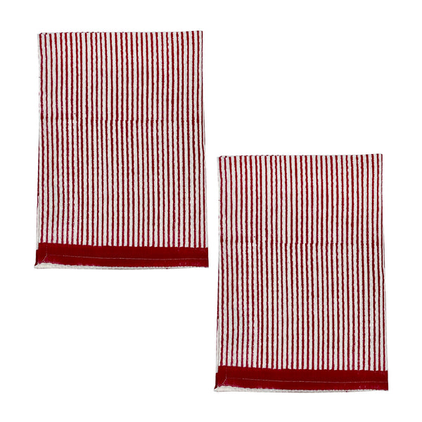 Two red and white striped cotton tea towels