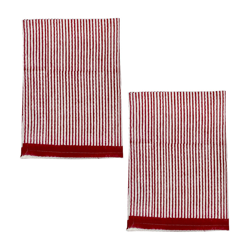 Two red and white striped cotton tea towels