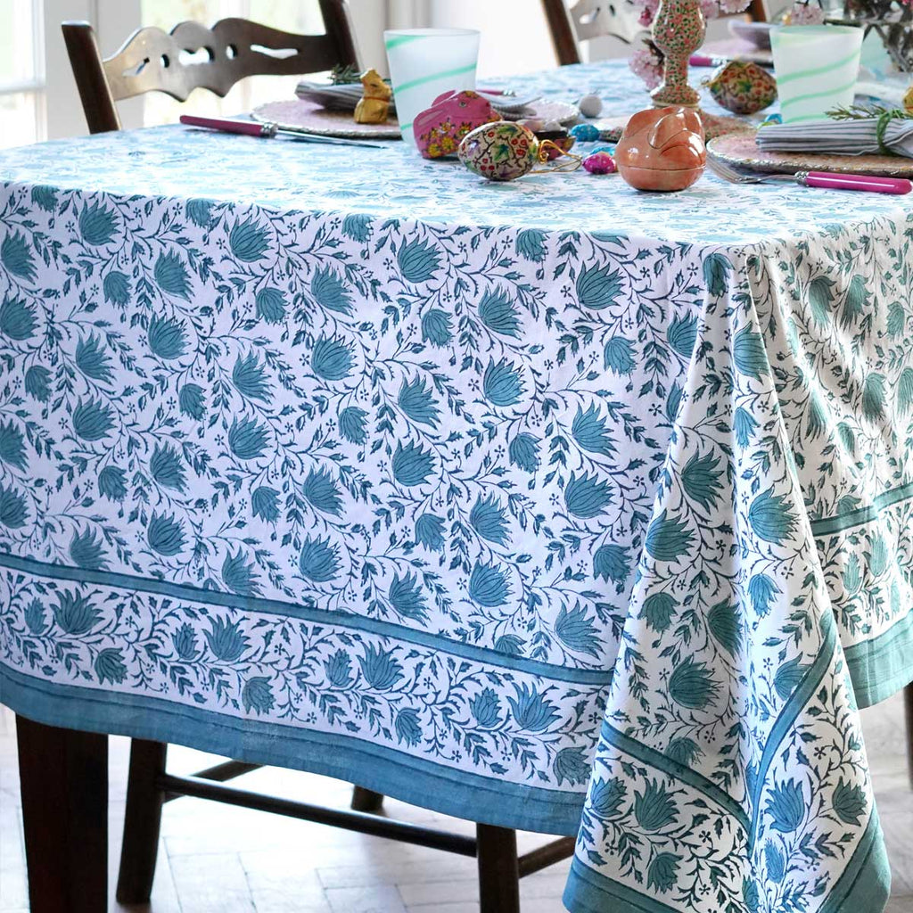 PETAL Stone Blue Blockprint Tablecloth