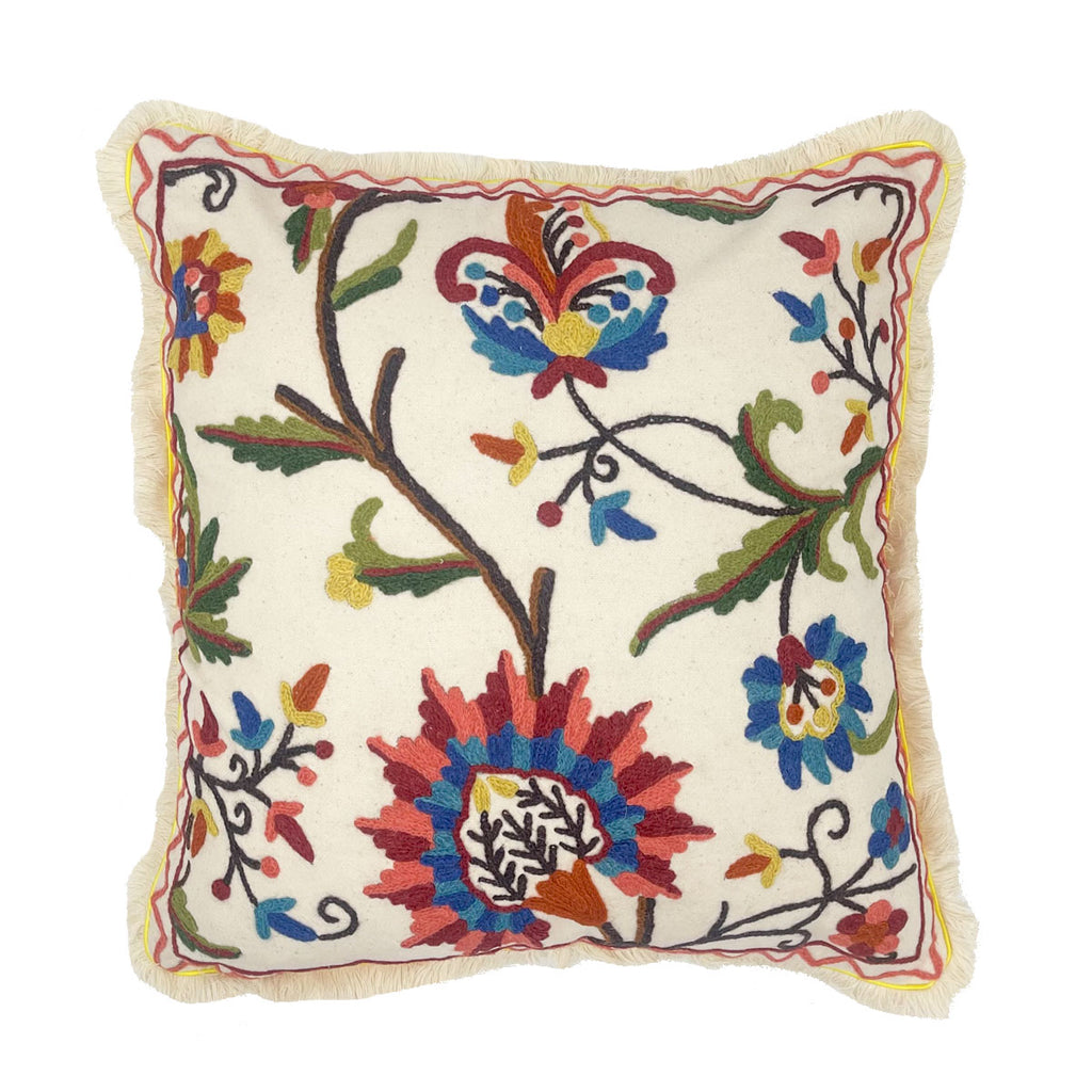 Crewel cushion, fringed cushion, square cushions, embroidered cushion