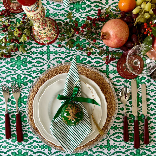 Christmas tablecloths,Indian block print tablecloths UK tablecloths, table linen, blockprint tablecloths, block print tablecloths, festive tablecloths, green tablecloths, ikat tablecloths, AFROZE Emerald Blockprint Tablecloth , 170 x 270 cm, 180 x 360 cm, block print table linens, green tablecloth, 
