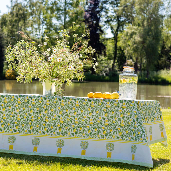 Handcrafted tablecloths, Blockprint designs, Limon blockprint tablecloth, artisan table linens, Traditional blockprint tablecloths, Sustainable tablecloths, Jaipur blockprint tablecloths, Faro tablecloths