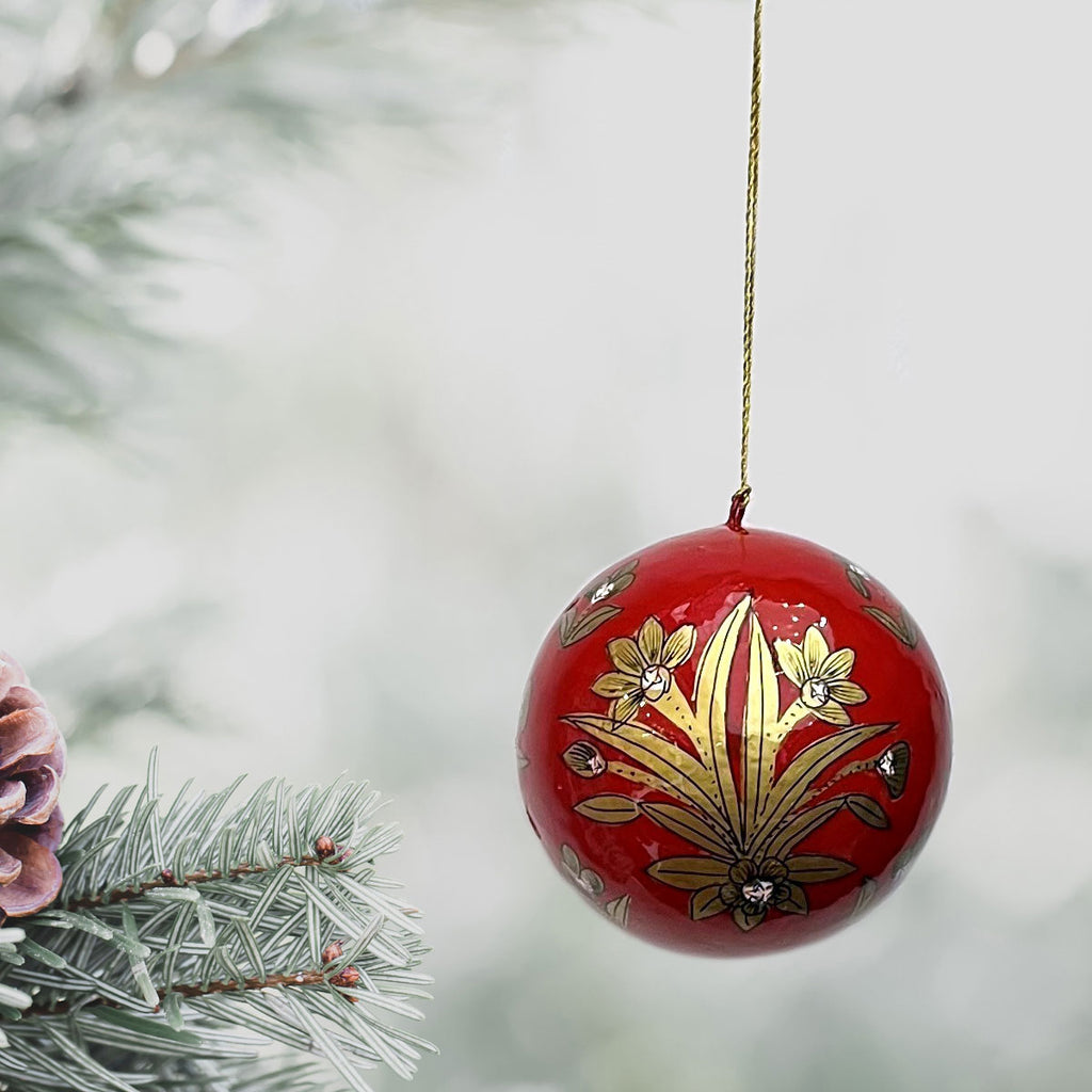 Christmas ornaments, Christmas baubles, papier mache baubles, red and gold Christmas bauble, Kashmir papier mache