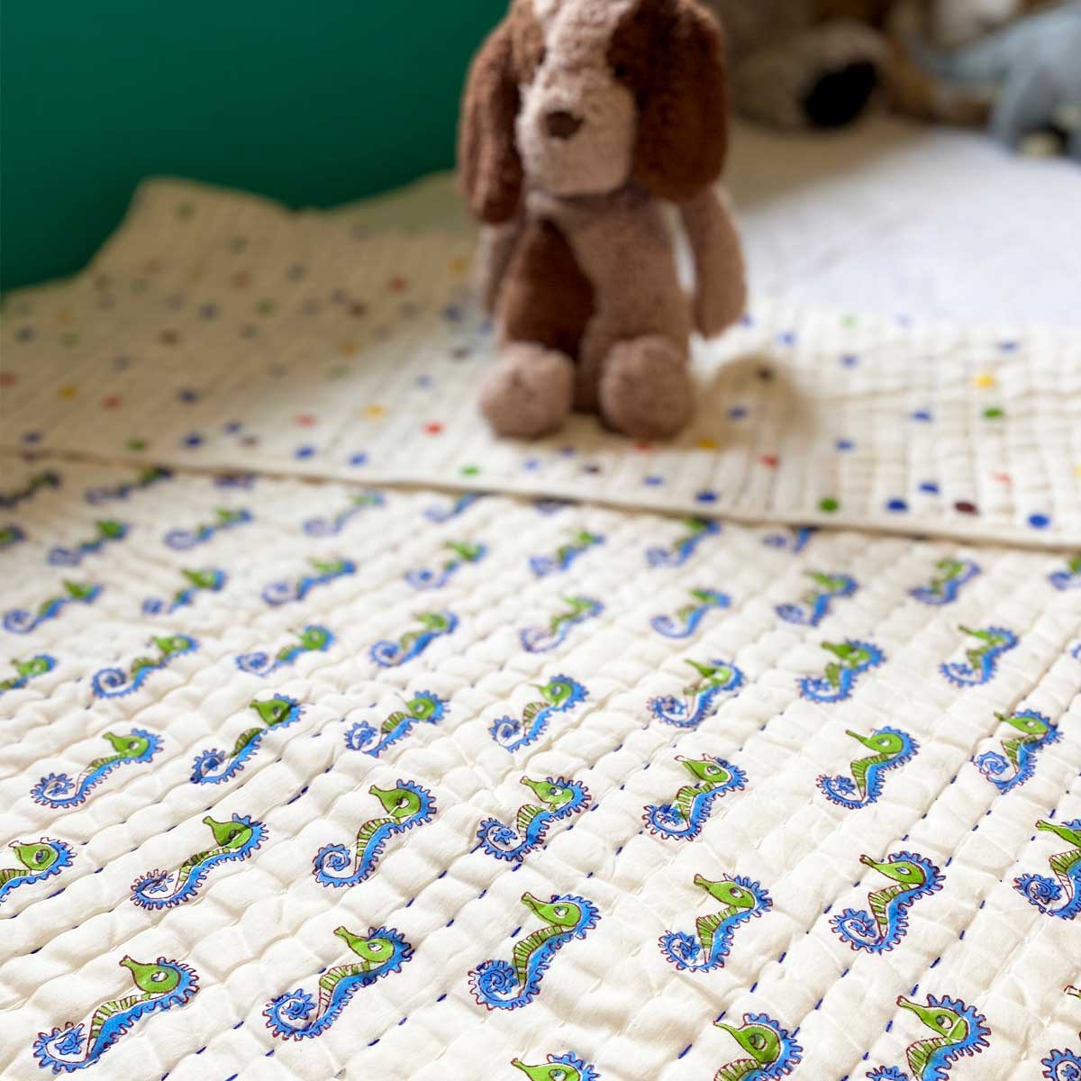 SEAHORSE Blockprint Reversible Junior Quilt